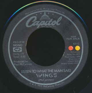 Beatles 1975 Paul Mccartney " Listen To What The Man Said Promo Issue 45 N