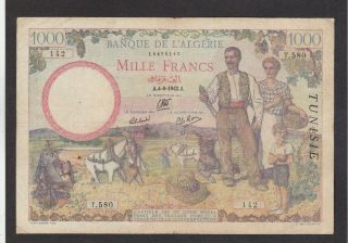 1000 Francs Fine - Vf Banknote From French Tunisia 1942 Pick - 20 Rare Overprinted