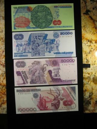 BANK OF MEXICO 1980 ' S SET OF 4 NOTES AS PICTURED 10000 THRU 100,  000 PESOS M132 2