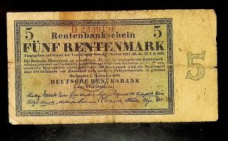 1923 Germany 5 Rentenmark Banknote