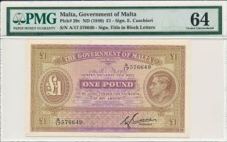 Government Of Malta Malta 1 Pound Nd (1940) Pmg 64
