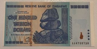 Reserve Bank Of Zimbabwe.  100 Trillion Dollars Banknote.  Unc.  Dated 2008.