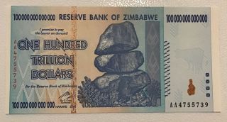Reserve Bank Of Zimbabwe.  100 Trillion Dollars Banknote.  Unc.  Dated 2008