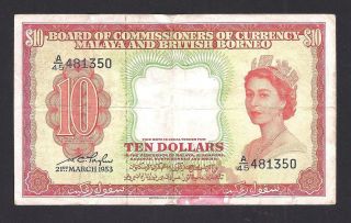 Malaya And British Borneo 10 Dollars 1953 P 3 Vf