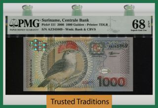 Tt Pk 151 2000 Suriname Centrale Bank 1000 Gulden Bird Pmg 68 Epq Tied As Best