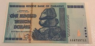 1 X Zimbabwe 100 Trillion Dollar Banknote.  Unc,  Aa Serial.