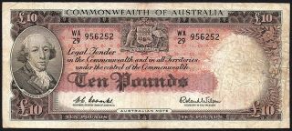Nd (1960 - 65) Australia £10 Pounds Banknote Wa/29 956252 Vg,  P - 36a