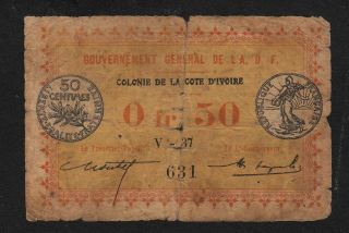 1917 Ivory Coast 50 Centimes,  0.  5 Franc Banknote Circulated P - 1b