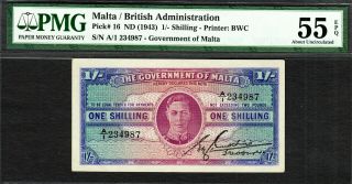 Malta One Shilling Nd (1943) Kgvi Pick - 16 About Unc Pmg 55 Epq