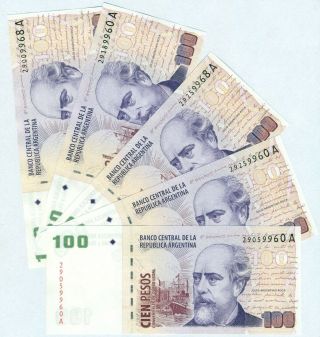 Argentina Bundle 5 Notes 100 Pesos (2000) Suffix A P 351 Unc