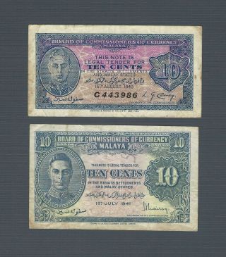 Malaya 10 Cents 1940 & 1941,  P - 2 P - 8a,  Vf Grade W/ Wwii Annotations At Back