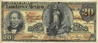 México 20 Pesos 1.  10.  1913 S 235d Series H Circulated Check Ss2