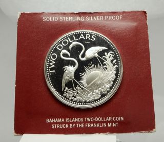1975 The Bahamas Shield Arms Two Flamingos Proof Silver $2 Coin I76362