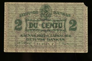 Rare 1922 Lithuania 2 Centu Banknote Xf N090