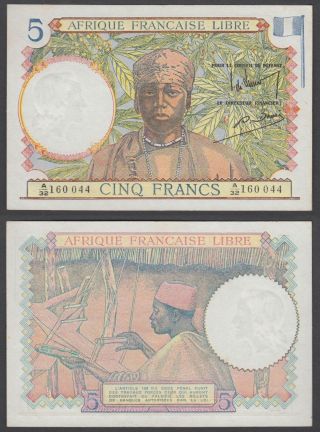 (b53) French Equatorial Africa 5 Francs Nd 1941 (au - Unc) Crisp Banknote P - 6