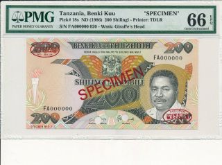 Benki Kuu Tanzania 200 Shilingi Nd (1986) Specimen Pmg 66epq