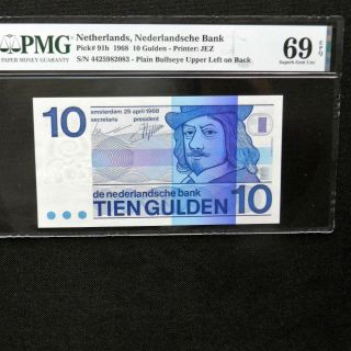 1968 Netherlands 10 Gulden,  Pick 91b,  Pmg 69 Epq Gem Unc.