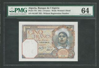 Algeria,  5 Francs 1941 Pick - 77b Pmg 64 Unc (333)