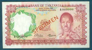 Bank Of Tanzania 100 Shillings Nd (1966) Pick 4as Specimen