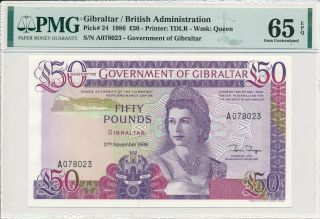 Government Of Gibraltar Gibraltar 50 Pounds 1986 Prefix A Pmg 65epq