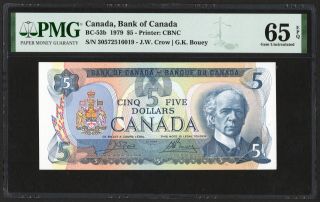 1979 Bank Of Canada $5 Banknote,  Pmg Unc - 65 Epq