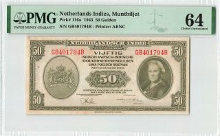 Netherlands Indies 50 Gulden 1943 Indonesia Abnc Pick 116 Pmg Choice Unc 64