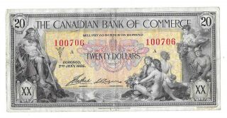 1935 The Canadian Bank Of Commerce 20 Dollar Bill (vf) See Note: