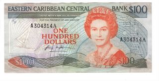 Eastern Caribbean $100 Dollars Vf/xf Banknote (1988 Nd) P - 25a1 Antigua Prefix A