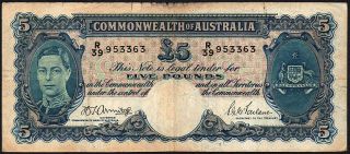 1941 Australia £5 Pounds Banknote R/39 953363 G - Vg P - 27b