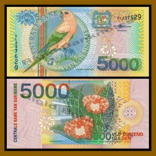 Suriname 5000 (5,  000) Gulden,  2000 P - 152 Parrot,  Colorful Note Unc