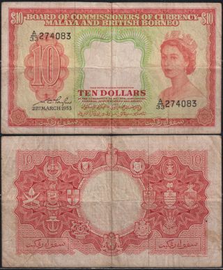 Malaya British Borneo; 10 Dollars Qn.  Elizabeth Ii/arms 1953