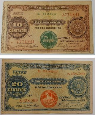 Portugal 1914 Portuguese Cape Verde - S Tiago - Set Of Two Notes 10/20 Centavos
