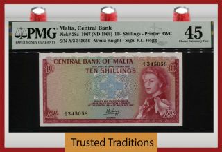 Tt Pk 28a 1967 Malta Central Bank 10 Shillings Queen Elizabeth Ii Pmg 45 Choice