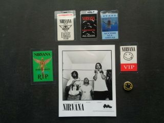 Nirvana,  8x10 " B/w Promo Photo,  5 Vintage Backstage Passes,  Steel Pin