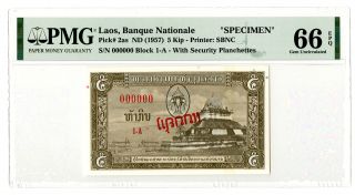 Laos.  1957 Specimen,  Banque Nationale Du Laos 5 Kip P - 2as Gem Uncirculated 66 Epq