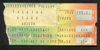 1980 Talking Heads Concert Ticket Stub Aragon Chicago Remain In Light