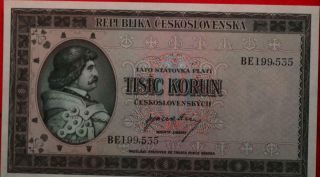 Uncirculated 1945 Czechoslovakia 1000 Korun Note