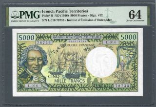 French Pacific Territories 5000 Francs 1996,  P - 3i Sign 12,  Pmg 64 Choice Unc