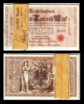 Germany Set Bundle Of 20 Bills Of 1000 Mark Unc 1910 Reich Banknote Imperial
