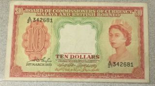 Malaya And Borneo P.  3 10 Dollars 1953 Vf