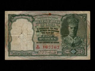 India:p - 23b,  5 Rupees,  1943 King George Vi Resd Srial F - Vf Nr