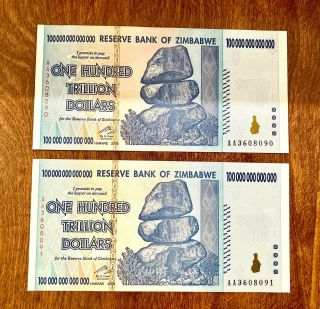 2 Notes - Zimbabwe 100 Trillion Dollars,  2008 P - 91 Aa Uncirculated