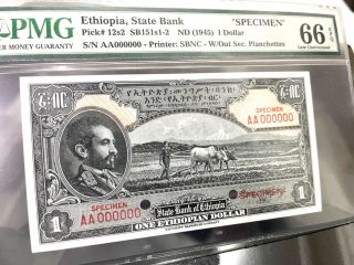 Ethiopia State Bank Of Ethiopia 1 Ethiopian Dollar Nd (1945) Pick 12s2 Specimen