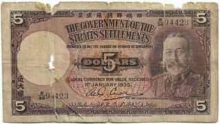Straits Settlements Malaya 5 Dollars 1935 P 17