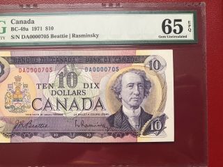 Low Serial Number 1971 Bank Of Canada $10 Banknote Pmg Gem Unc65 Epq