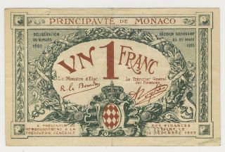 1920 Monaco 1 Franc Emergency Issue Xf,  Priced Right