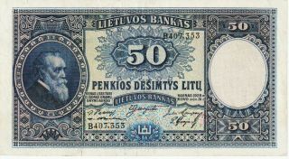 Lithuania,  50 Litu Banknote,  1928,  Choice Very Fine Cond,  P 24 - A,  " Dr.  J.  Basanavicius "