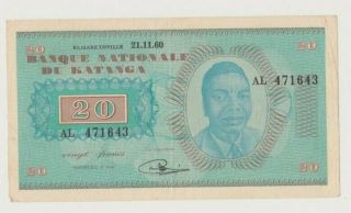 Katanga P 6 Tshombe 20 Francs 21.  11.  1960 Province Autonomy Vf