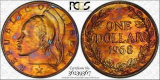 1968 Liberia 1 Dollar Pcgs Pr66 Rainbow Toned Only 4 Coins Graded Higher