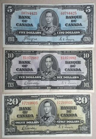1937 Bank Of Canada Set Of 3 Notes $5,  $10 & $20 Dollars Circulated Cond.